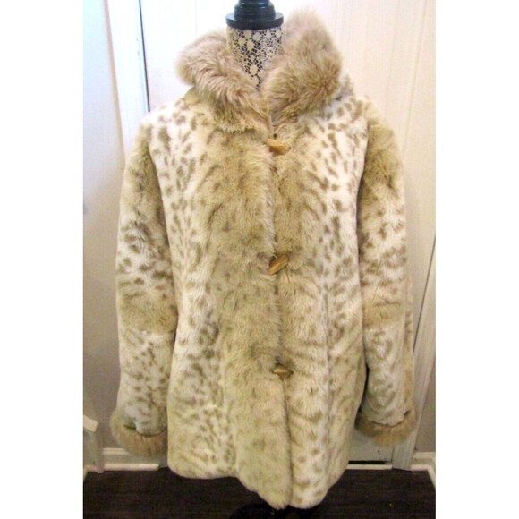 Vtg 80s Coldwater Creek Coat Snow Leopard Faux Fur Oversized Jacket Toggles PL - Picture 4 of 8